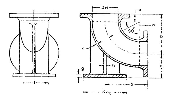 Drawing of double-flanged duckfoot bend